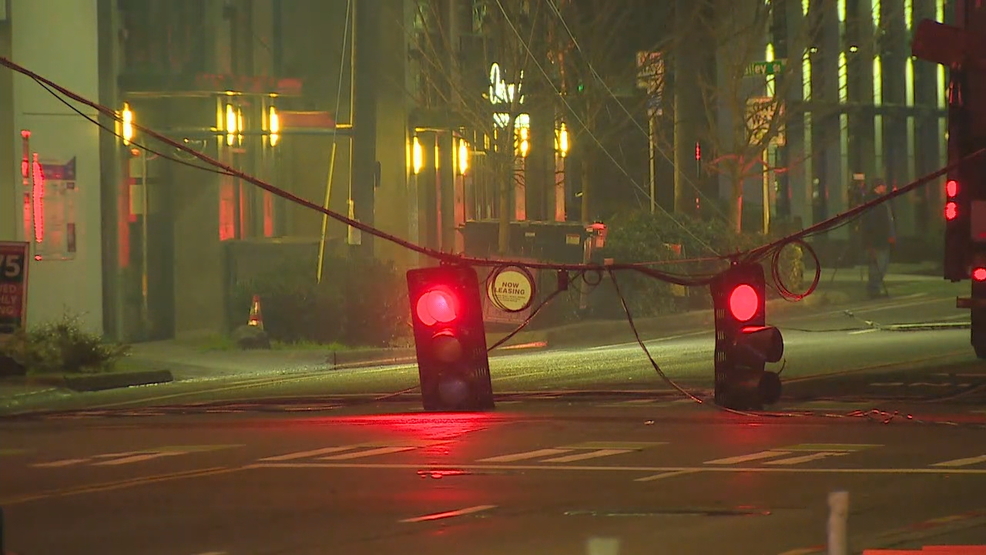 Power lines, traffic lights take a tumble along Seattle's Dexter Avenue
