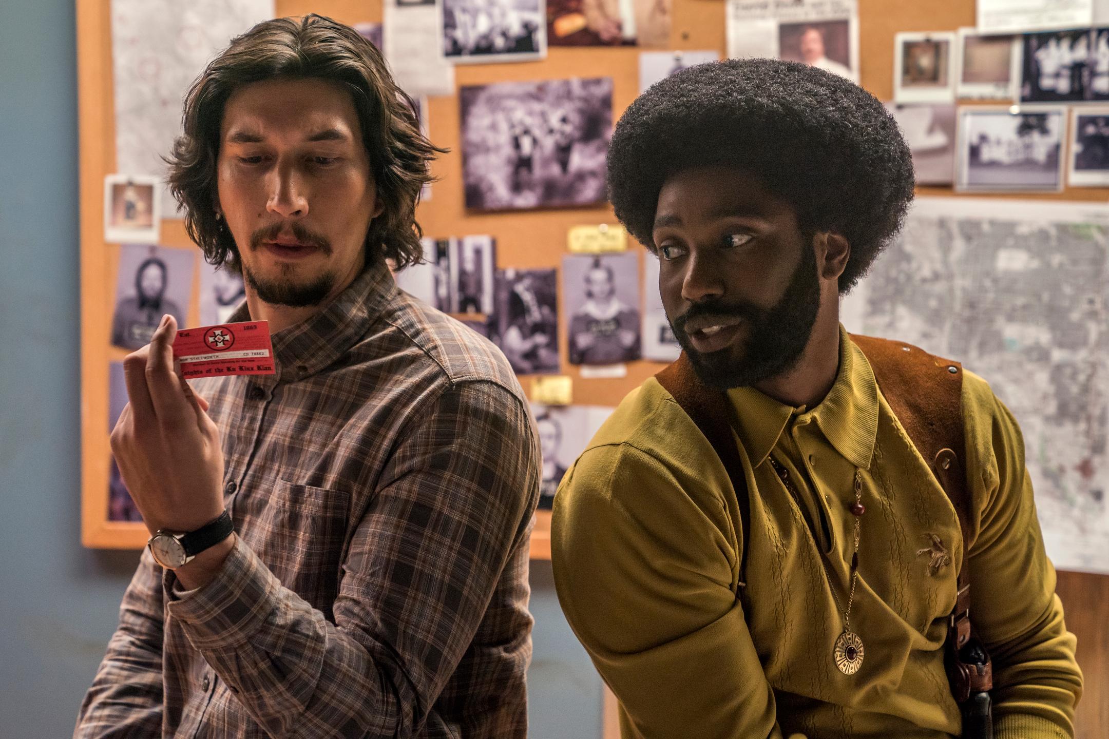 left, and john david washington in a scene from "blackkklansman